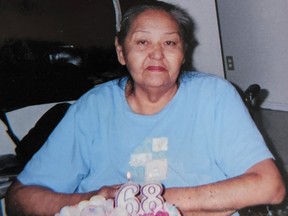 Fredaline Desjarlais, the grandmother of Melissa Mbarki, is seen celebrating her 68th birthday in 2006 at the Muskowekwan First Nation in Saskatchewan. Desjarlais was taken from her family and placed in a residential school at the age of five.
