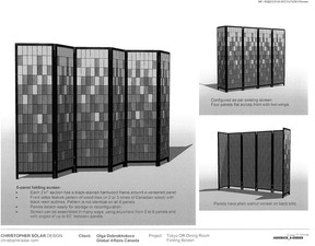 Genehmigter Designvorschlag für einen von sechs aufklappbaren Raumteilern, die von Christopher Solar Design aus Ottawa entworfen wurden. Die Bildschirme im Wert von jeweils 1.616 US-Dollar wurden im März 2020 an die offizielle Residenz der kanadischen Botschaft in Tokio, Japan, geliefert.