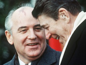 Soviet leader Mikhail Gorbachev, left, chats with U.S. president Ronald Reagan at the White House on the first day of their disarmament summit, Dec. 8, 1987.  The last leader of the Soviet Union before its dissolution, Gorbachev died on Aug. 30, 2022, at the age of 91.