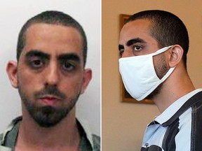 Hadi Matar, 24, who is accused of carrying out a stabbing attack against author Salman Rushdie, in his booking photo and later in court.
