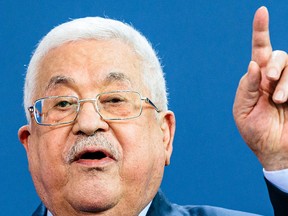 Palestinian President Mahmoud Abbas speaks at a joint news conference with German Chancellor Olaf Scholz in Berlin on Aug. 16. Abbas has come under fire from Scholz and others in the international community for accusing Israel during the press conference of "50 Holocausts."