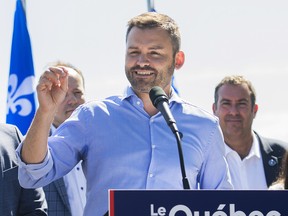 Parti Quebecois leader Paul St-Pierre Plamondon speaks during the launch of the party’s election campaign in Montreal, Sunday, August 28, 2022.