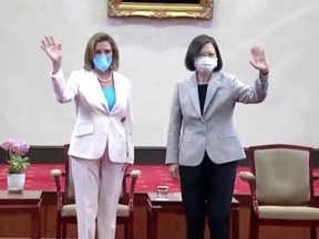 U.S. House of Representatives Speaker Nancy Pelosi attends a meeting with Taiwan President Tsai Ing-wen at the presidential office in Taipei, Taiwan, August 3, 2022, in this screengrab taken from video.