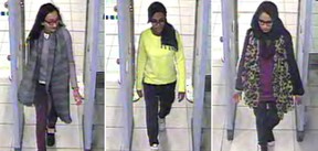 A 2015 combination of handout CCTV pictures shows, left to right: British teenagers Kadiza Sultana, Amira Abase and Shamima Begum.