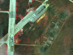 An infrared overview of damaged aircraft at Saki Airbase after attack, in Novofedorivka, Crimea August 10, 2022.