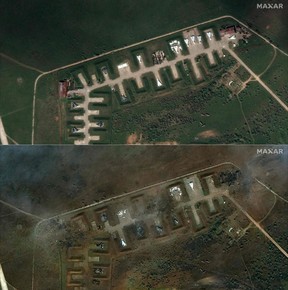 Russia’s Saki airbase in Crimea on May 16, 2022, top, and Aug. 10, 2022, below.