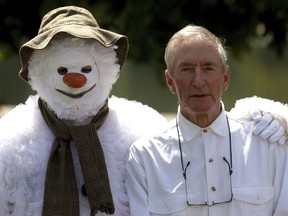 FILE - File photo of author Raymond Briggs in Hyde Park, London. Author and illustrator Raymond Briggs, who is best known for the 1978 classic The Snowman, has died aged 88, his publisher Penguin Random House said Wednesday Aug. 10, 2022.