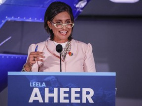 Leela Aheer makes a comment during the United Conservative Party of Alberta leadership candidate's debate in Medicine Hat, Alta., on July 27, 2022.