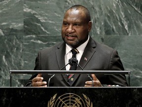 FILE - Prime Minister of Papua New Guinea James Marape addresses the 76th session of the United Nations General Assembly, on Sept. 24, 2021, at the UN headquarters. Australian Broadcasting Corp. reported that Marape was nominated unopposed to lead the next coalition government when Parliament sat on Tuesday for the first time since the election.