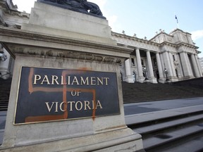 A Nazi swastika is seen graffitied on the front of the Victorian State Parliament in Melbourne, Australia, Monday, Oct. 1, 2012. New South Wales, the nation's most populous state, on Thursday, Aug. 11, 2022, followed Victoria, the second-most populous, which banned the public display of Nazi swastikas in June.