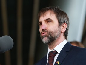 Minister of Environment Steven Guilbeault speaks during a press conference outside the GLOBE Forum at the Convention Centre in Vancouver, B.C., on Tuesday, March 29, 2022. A Canadian environmental organization is calling for more transparency and better enforcement of national regulations of toxic chemicals after more than one quarter of items bought at popular dollar stores tested positive for substances such as lead.