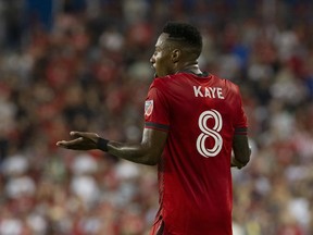 Toronto FC's Mark-Anthony Kaye pictured during MLS action against Charlotte FC in Toronto on Saturday July 23, 2022. Toronto FC is hoping the possible return of the midfielder can help the club finish the season strong as they try to hunt down a playoff spot.THE CANADIAN PRESS/Chris Young