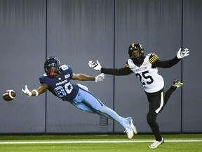 Toronto Argonauts wide receiver DaVaris Daniels (80) attempts to make the catch while Hamilton Tiger-Cats defensive back Jumal Rolle (25) defends during first half CFL football action in Toronto, on Friday, August 26, 2022.
