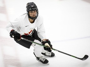 Jessie Eldridge skates at Hockey Canada's National Women's Program selection camp in Calgary, Alta., Thursday, Aug. 4, 2022. Eldridge's journey to wearing the Maple Leaf at a women's world hockey championship took a few twists and turns.