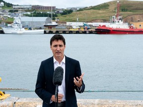 Prime Minister Justin Trudeau speaks during a visit to Les Îles-de-la-Madeleine, Que., Friday, Aug. 19, 2022. New census data showing a decline in French in Canada is "extremely troubling," the prime minister said, but he added that Ottawa still has a responsibility to protect linguistic minorities across the country -- including in Quebec.