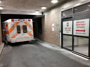 An ambulance is parked at the emergency department at the Lakeridge Health hospital in Bowmanville, Ont. on Wednesday January 12, 2022.&ampnbsp;Ontario's health minister would not rule out further privatization in health care among a number of possibilities being considered as the province deals with major staff shortages in hospitals.THE CANADIAN PRESS/Doug Ives