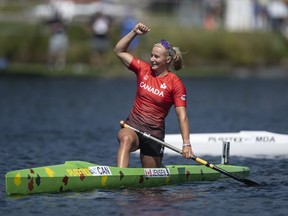 Sophia Jensen, of Canada, reacts after winning silver in the C1 women's 500m during the ICF Canoe Sprint and Paracanoe World Championships in Dartmouth, N.S. on Sunday, August 7, 2022.