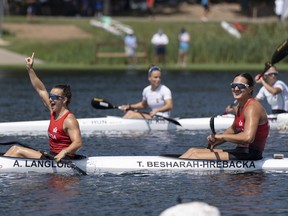 Andreanne Langlois, left, and teammate&nbsp;Toshka Besharah-Hrebacka&nbsp;of Canada, react after winning bronze in the K2 women's 200m during the ICF Canoe Sprint and Paracanoe World Championships in Dartmouth, N.S. on Saturday, August 6, 2022.
