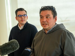 Jimi Onalik, Deputy Minister of Executive and Intergovernmental Affairs of the Government of Nunavut, speaks to the media alongside,Terry Beech, Parliamentary Secretary to the Deputy Prime Minister and Minister of Finance, during a press conference in Iqaluit, Nunavut on Friday, August 19, 2022.