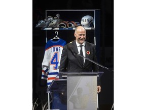 Former Edmonton Oilers player Kevin Lowe speaks during his jersey retirement ceremony in Edmonton on Friday, November 5, 2021. The Edmonton Oilers have announced that Lowe is retiring from his position in the team's front office.THE CANADIAN PRESS/Jason Franson