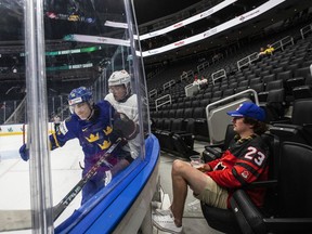 Sweden's Liam Ohgren (25), checks Switzerland's Nick Meile (2) as a fan watches during second period IIHF World Junior Hockey Championship action in Edmonton on August 10, 2022. Between scandals, summer and a relative lack of star power, tickets to the world junior hockey championships haven't been a huge draw.