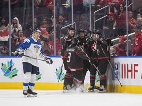 Canada celebrates goal against Finland during first period IIHF World Junior Hockey Championship action in Edmonton on Monday August 15, 2022.