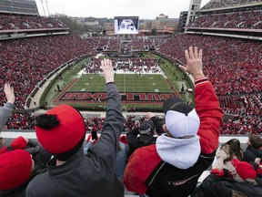 FILE - Georgia fans cheer during a victory celebration for the NCAA college football champions at Sanford Stadium in Athens, Ga., Saturday, Jan. 15, 2022. University System of Georgia regents voted Tuesday, Aug. 9, 2022, to approve a $68.5 million project to overhaul its football stadium, which will be paid for with private donations and borrowing by the private UGA Athletic Association.