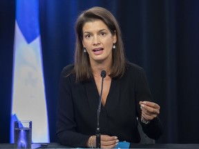 Quebec Public Security Minister Genevieve Guilbault speaks during a news conference in Montreal, Saturday, August 27, 2022, where she outlined plans to tackle gun violence in Montreal.