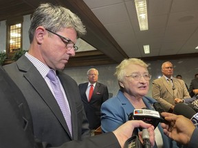 Indiana Republican Senate President Pro-Tem Rodric Bray, left, and Sen. Sue Glick of LaGrange, speak with reporters, Friday, Aug. 5, 2022, in Indianapolis, after the state becomes the first in the nation to pass an abortion bill in its Legislature after the U. S. Supreme Court overturned Roe v. Wade in June.