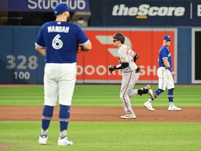 Baltimore Orioles' Adley Rutschman (35) runs the bases after hitting a solo home run off Toronto Blue Jays starting pitcher Alek Manoah (6) in fifth inning American League baseball action against the Toronto Blue Jays in Toronto on Tuesday, August 16, 2022.