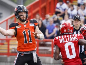 B.C. Lions quarterback Michael O'Connor, left, throws the ball as Calgary Stampeders' Darius Williams closes in during first half CFL pre-season football action in Calgary, Alta., on May 28, 2022. Three months after Nathan Rourke silenced skeptics with a breakout start to the season, the B.C. Lions will have another Canadian quarterback under centre when they host the Saskatchewan Roughriders on Friday. But Lions head coach Rick Campbell isn't expecting lightning to strike twice. Michael O'Connor will make his first career start in place of the injured Rourke as the Lions (8-1) look to stretch their winning streak to six games. While Campbell is keen to see what the pivot from Ottawa can do, he is managing expectations.