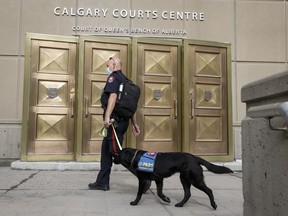 A police officer and a service dog enter the Calgary Courts Centre during COVID-19 restrictions in Calgary on May 17, 2021. The Crown is asking that a Calgary man who bilked clients out of millions of dollars in a Ponzi scheme be sentenced between 10 and 12 years in prison. Arnold Breitkreutz was convicted in June of fraud in connection with what the Crown described as a multi-million-dollar scheme.
