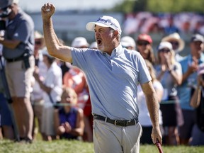 Jerry Kelly, of the United States, celebrates his victory at the PGA Tour Champions Shaw Charity Classic golf event in Calgary, Alta., Sunday, Aug. 7, 2022.THE CANADIAN PRESS/Jeff McIntosh