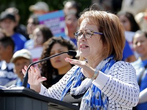 FILE - In this May 20, 2019, photo, state Sen. Maria Elena Durazo, D-Los Angeles, addresses a gathering in Sacramento, Calif. California would have what proponents call the nation's most sweeping law sealing criminal records if Gov. Gavin Newsom signs legislation approved by state legislators. The bill approved Thursday, Aug. 18, 2022 would automatically seal conviction and arrest records for most ex-offenders who are not convicted of another felony for four years after completing their sentences and any parole or probation. Durazo, the bill's author, said in a statement that the lingering criminal records available through background checks create "a permanent underclass."