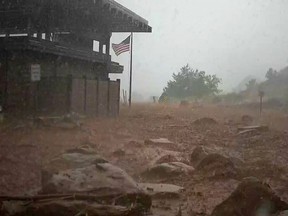 FILE - In this photo provided by the National Park Service is the scene of a flash flood in Zion National Park, Utah, on June 29, 2021. Authorities have been searching for days for Jetal Agnihotri, 29, of Tucson, Ariz., reported missing after being swept away by floodwaters in the park as strong seasonal rain storms hit parts of the U.S. Southwest. (National Park Service via AP, File)