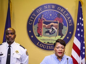 FILE - New Orleans Mayor LaToya Cantrell speaks at a news conference with New Orleans Police Department Superintendent Shaun Ferguson at City Hall in New Orleans, Thursday, Aug. 4, 2022. On Tuesday, Aug. 16, 2022, New Orleans officials asked a federal judge to end court-supervised oversight of its police department under a pact negotiated with the U.S. Justice Department a decade earlier, after deadly police shootings of civilians following Hurricane Katrina cast renewed scrutiny on the scandal-plagued department.