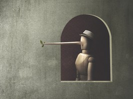 illustration of a wooden marionette with long nose; liar concept