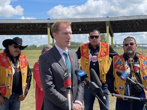 Crown-Indigenous Relations Minister Marc Miller delivered an apology to Peepeekisis First Nation on Wednesday, Aug.3, 2022, on behalf of the federal government that forced a farming colony on the nation's land that Miller described as an "experiment in social engineering." From left to right: Peepeekisis Headman Allan Bird, Crown-Indigenous Relations Minister Marc Miller, Peepeekisis Headman Colin Stonechild and Peepeekisis Chief Francis Dieter.