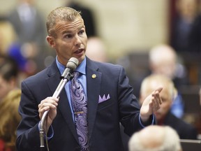 FILE - Rep. Rick Brattin, R-Harrisonville, debates points of the legislation in Jefferson City, Mo., Sept. 14, 2016. A new Missouri law spearheaded by now-Senator Brattin outlawing books with sexually explicit images from school libraries is set to take effect Sunday, Aug. 28, 2022.