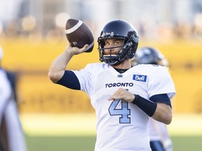 Toronto Argonauts quarterback McLeod Bethel-Thompson (4) warms up prior to CFL football game action against the Hamilton Tiger-Cats in Hamilton on Friday, August 12, 2022.