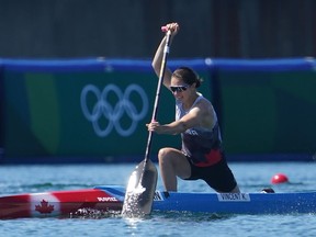 Katie Vincent of Canada competes during the canoe sprint women's C-1 200m semifinals at the 2020 Summer Olympics, Thursday, Aug. 5, 2021, in Tokyo, Japan.