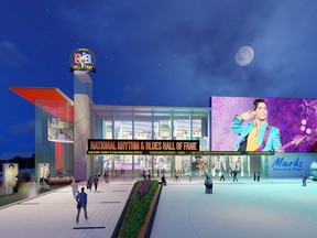 This image provided by A2H Engineers, Architects, Planners on Aug. 18, 2022, shows digital rendering of the National Rhythm and Blues Hall of Fame in Marks, Miss. Organizers are aiming to complete the building in two or three years. The project is the culmination of a 50-year effort to build a hall of fame for R&B musicians such as James Brown, Aretha Franklin and B.B. King. (A2H Engineers, Architects, Planners via AP)
