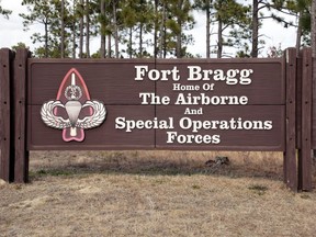 FILE - Fort Bragg is seen on Feb. 3, 2022, in Fort Bragg, N.C. An independent commission said Monday, Aug. 8, 2022 that renaming nine U.S. Army posts that commemorate Confederate officers would cost $21 million. The name changes would lead to the rebranding of everything from welcome marquees and road signs to water towers and hospital doors.