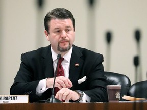 FILE - State Sen. Jason Rapert, R-Conway, presides over a Senate committee at the state Capitol on March 14, 2018, in Little Rock, Ark. The Arkansas state senator will be required to unblock critics from his social media accounts under a settlement a national atheists' group said it reached with the state on Wednesday, Aug. 17, 2022.