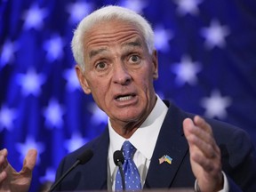 FILE - Democratic gubernatorial candidate Rep Charlie Crist, D-Fla., speaks to supporters on Aug. 23, 2022, in St. Petersburg, Fla. Crist is expected to announce that he has chosen the Miami-Dade County teachers union president to be his running mate as he challenges Republican Gov. Ron DeSantis, two people close to the campaign said Friday, Aug. 26, 2022.