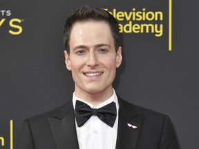 FILE - Randy Rainbow arrives at the Creative Arts Emmy Awards on Sept. 14, 2019, in Los Angeles. Rainbow has built a career on his musical parody videos, and he's up for his fourth Emmy nomination. But his competition in the short-form variety series category includes heavyweights James Corden, Stephen Colbert and Seth Meyers.