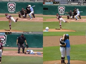 In this combination of photos from video provided by ESPN, pitcher Kaiden Shelton (29), of Pearland, Texas, throws to batter Isaiah Jarvis, of Tulsa, Okla., when an 0-2 pitch got away from him and slammed into Jarvis' helmet during a Little League Southwest Regional Playoff baseball final, Tuesday, Aug. 9, 2022, in Waco, Texas. Jarvis fell to the ground clutching his head as his concerned coaches ran to his aid. Jarvis walked to the mound and put his arms around Shelton, telling him, "Hey, you're doing great. Let's go." (ESPN via AP)