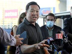 FILE -- Connecticut Attorney General William Tong speaks to the media during a watch party for the Democratic National Convention, in Hartford, Conn, Aug. 20, 2020. Federal officials have agreed to recognize Connecticut pardons as legally valid again and stop deporting people who have been pardoned for their crimes by a state board, reversing a hard-line stance taken by the Trump administration, authorities announced Friday, Aug. 12, 2022.