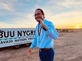 This photo provided by Larry Price shows Buu Nygren in his campaign for president of the Navajo Nation on Tuesday, Aug. 2, 2022, in Red Mesa, Arizona. Navajos were voting to decide which two of 15 presidential hopefuls to advance to the tribe's general election in November.