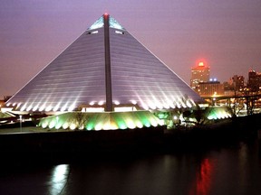 FILE - The Memphis, Tenn., skyline is dominated by the Memphis Pyramid, an arena that sits on the Mississippi River, shown in this February 1999 image. The city of Memphis has become one of the largest cities in the U.S. to challenge its head count from the 2020 Census.
